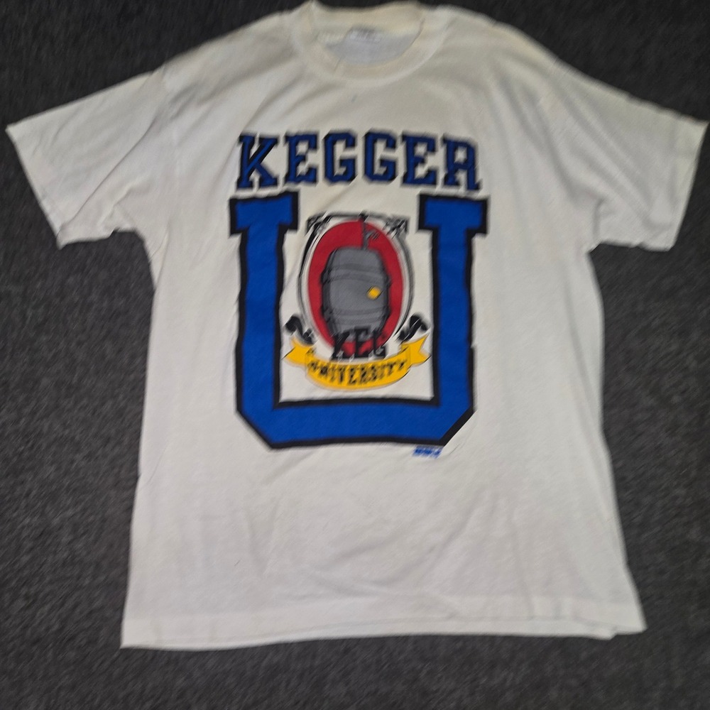 Vintage 80s Sun Sportswear Kegger U T-Shirt Mens XL White Paper Thin Party Beer
